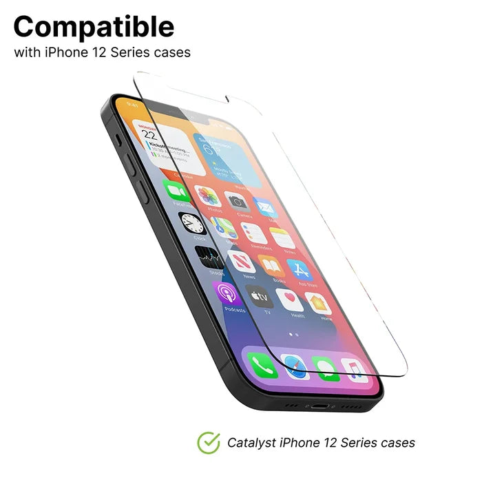 A clear Catalyst Case US iPhone 12 Pro/12 - Tempered Glass Screen Protector hovers above an iPhone 12 with app icons, with text stating “Compatible with iPhone 12 Series cases” and a green check confirming Catalyst case compatibility.