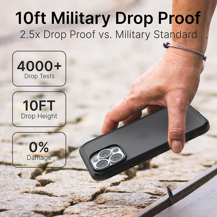 A hand drops an iPhone 13 with the Catalyst Case US Influence Case onto concrete. Text reads: "10ft Drop Proof," "MIL-STD 810G tested," "2.5x Drop Proof vs. Military Standard," "4000+ Drop Tests," and "0% Damage.