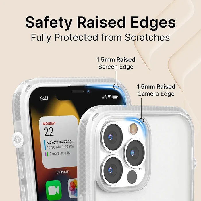 The Catalyst Case US iPhone 13 mini - Influence Case is displayed on an iPhone, showcasing its 1.5mm raised edges for scratch protection and MIL-STD 810G drop-proof durability. Text above states, ÃƒÂ¢Ã¢â€šÂ¬Ã…â€œSafety Raised Edges, Fully Protected from Scratches.ÃƒÂ¢Ã¢â€šÂ¬Ã‚Â.