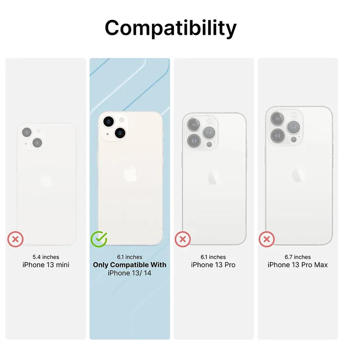 A compatibility chart shows only the 5.4-inch iPhone 13 mini highlighted with a green checkmark, while the iPhone 13, iPhone 13 Pro, and iPhone 13 Pro Max are grayed out with red X marks for the Catalyst Case US Tempered Glass Screen Protector.