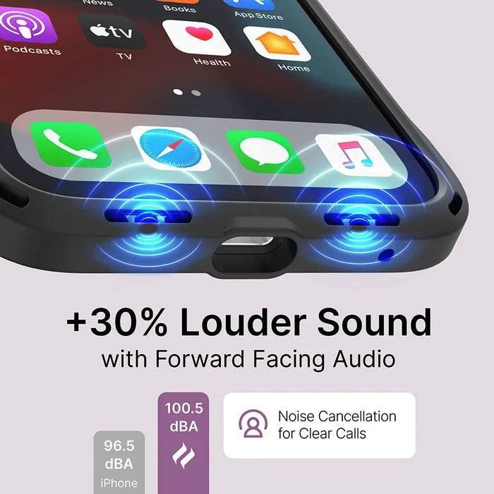The Catalyst Case US iPhone 13 mini - Vibe Case, MagSafe Compatible, features forward-facing speakers emitting blue sound waves. The screen displays apps, with "+30% Louder Sound with Forward Facing Audio" text highlighting noise cancellation and dBA comparison.