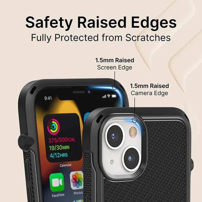 A close-up shows the Catalyst Case US Vibe Case for iPhone 13 mini, MagSafe compatible, with black textured finish and 1.5mm raised edges around the screen and camera for full scratch protection. Phone screen displays fitness and app icons.