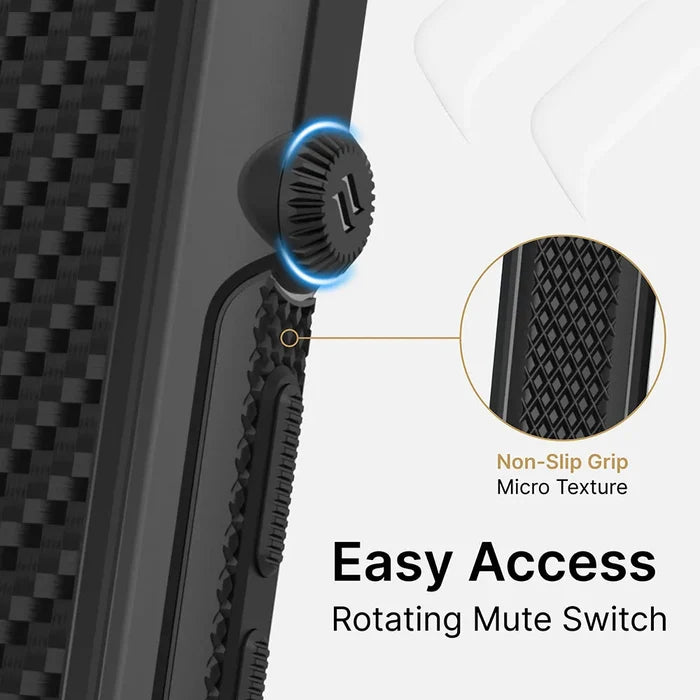 Close-up of the Catalyst Case US iPhone 13 mini - Vibe Case (MagSafe Compatible) in black, highlighting a rotating mute switch with non-slip micro-textured grip. Inset shows detailed texture; text reads “Easy Access, Rotating Mute Switch.” White background.