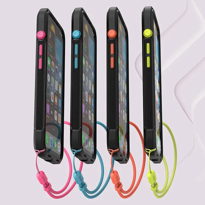 Four Catalyst Case US iPhone 13 minis in rugged black Vibe Cases (MagSafe compatible) stand upright, each with colorful side button accents (pink, blue, orange, green) and matching wrist lanyards. App icons appear on pastel screen backgrounds.