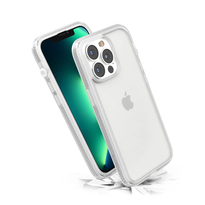 The Catalyst Case US Influence Case in Clear for iPhone 13 Pro is shown upright with the screen on and a green gradient display. The phone appears to be dropping onto a white surface, highlighting the caseÃƒÂ¢Ã¢â€šÂ¬Ã¢â€žÂ¢s Drop Proof protection as shards scatter below.