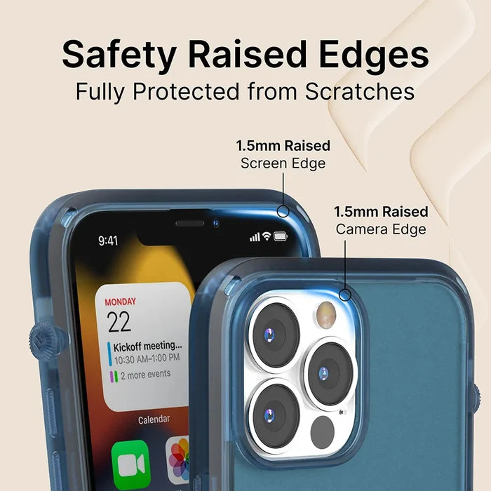 The Catalyst Case US Influence Case for iPhone 13 Pro, shown in blue, features 1.5mm raised edges for screen and camera protection. The display shows a calendar with notifications and apps, while above, text highlights scratch protection.