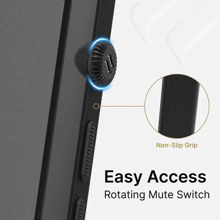 Close-up of the Catalyst Case US Influence Case for iPhone 13 Pro in black, highlighting a textured non-slip grip rotating mute switch with a glowing blue ring. Easy access, drop proof, and supports wireless charging.