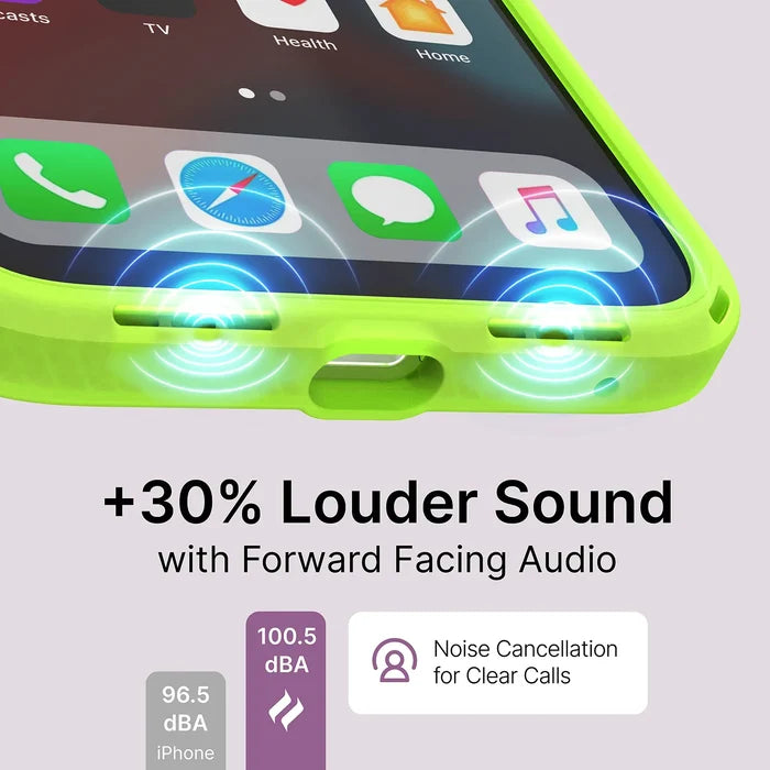 Close-up of an iPhone 13 Pro in Catalyst Case USÃƒÂ¢Ã¢â€šÂ¬Ã¢â€žÂ¢s bright green Influence Case, showing blue sound waves from forward-facing speakers. Text reads "+30% Louder Sound with Forward Facing Audio", highlighting noise cancellation and wireless charging.