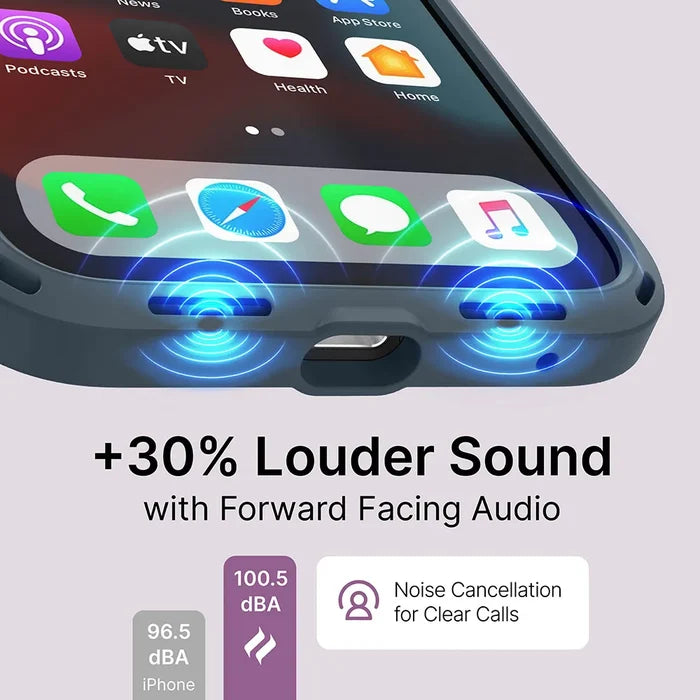 A close-up of the Catalyst Case US iPhone 13 Pro - Vibe Case (MagSafe Compatible) shows vibrant wave graphics and app icons. Text highlights “+30% Louder Sound with Forward Facing Audio” and “Noise Cancellation for Clear Calls.”.