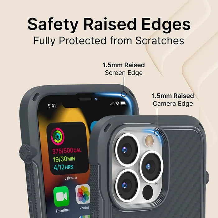 A close-up of the Catalyst Case US Vibe Case for iPhone 13 Pro, MagSafe compatible, shows its textured dark gray finish and 1.5mm raised edges for full scratch protection on both screen and camera. Display highlights app icons and fitness stats.