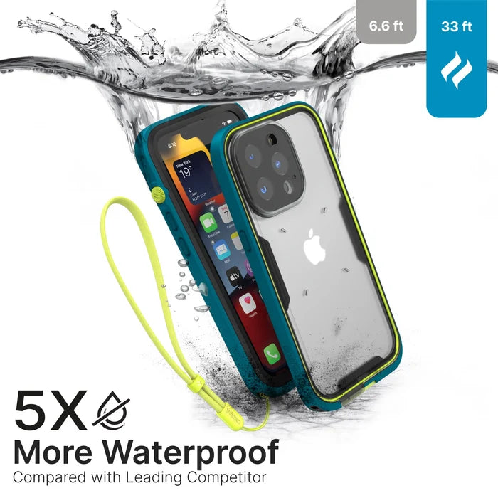 An iPhone 13 Pro in a blue and neon yellow Catalyst Case US Waterproof Case is underwater, showing app icons. Text reads "5X More Waterproof Compared with Leading Competitor," with depth ratings: 6.6 ft vs. 33 ft in the top right corner.