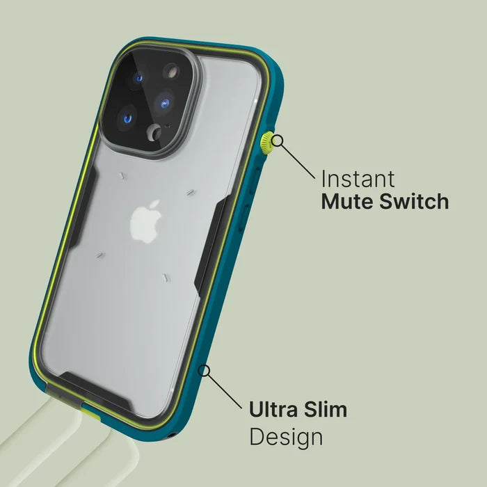 The Catalyst Case US Waterproof Case for iPhone 13 Pro is shown in blue and neon green, highlighting its instant mute switch, ultra slim design, and a transparent back that reveals the Apple logo.