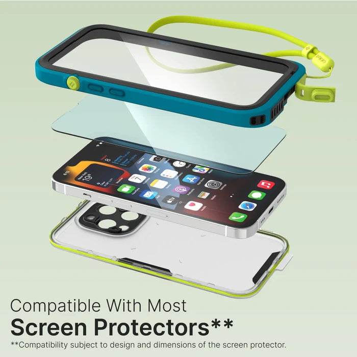 Exploded view of the Catalyst Case US iPhone 13 Pro Waterproof Case shows a teal case, green wrist strap, clear screen protector, phone with apps, and transparent back. Text: "Compatible With Most Screen Protectors**".