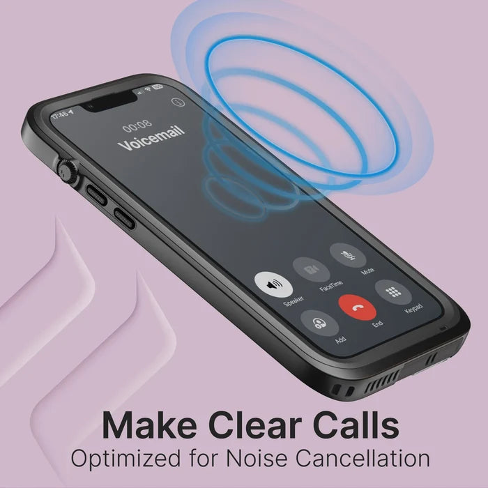 An iPhone 13 Pro in a Catalyst Case US waterproof case is shown on a purple background with blue sound waves, highlighting noise cancellation. Text reads: "Make Clear Calls - Optimized for Noise Cancellation. Total Protection.