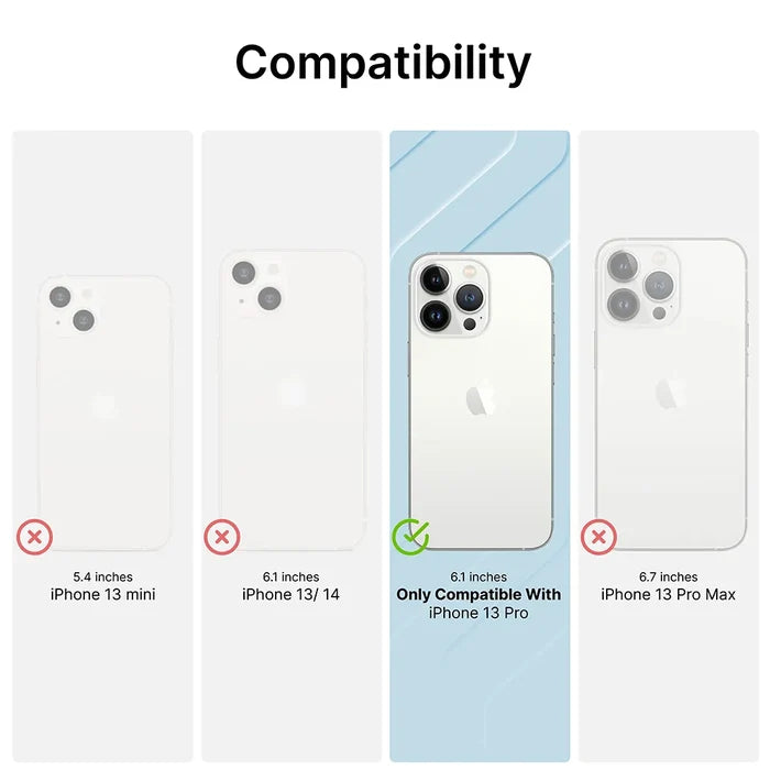 The Catalyst Case US Tempered Glass Screen Protector is only compatible with iPhone 13 Pro (6.1"); iPhone 13 mini, 13/14, and 13 Pro Max are incompatible, as shown by a chart highlighting just the 13 Pro with a green checkmark.