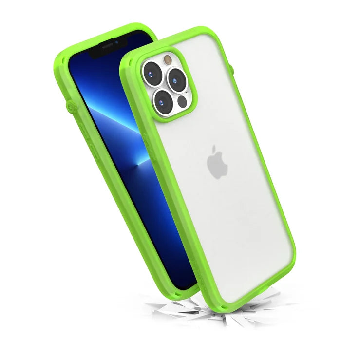 The Catalyst Case US Influence Case in Neon-Glow-In-The-Dark protects the iPhone 13 Pro MaxÃƒÂ¢Ã¢â€šÂ¬Ã¢â‚¬ÂMIL-STD 810G drop proof. Two phones, one with a glowing blue screen and one showing its triple cameras, hover over cracks to highlight durability.