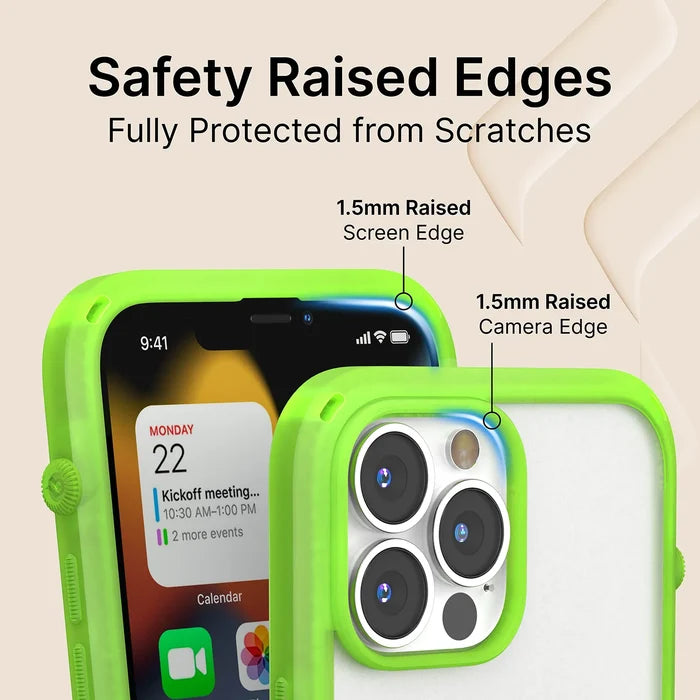 A neon green Catalyst Case US Influence Case on an iPhone 13 Pro Max showcases MIL-STD 810G safety, with 1.5mm raised edges for drop-proof screen and camera protection. The display shows a calendar. Bold: "Safety Raised Edges - Fully Protected from Scratches.