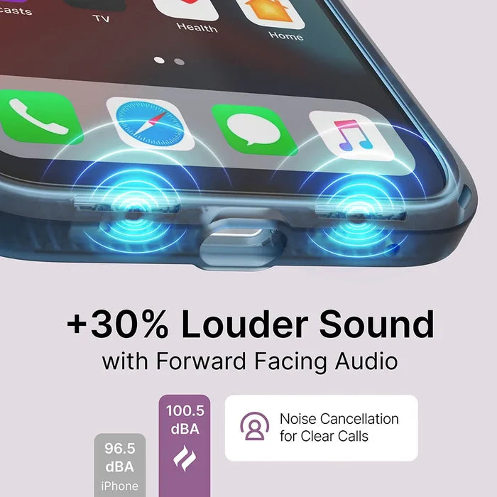 Close-up of the Catalyst Case US Influence Case on an iPhone 13 Pro Max, featuring glowing blue audio waves from its bottom speakers. "+30% Louder Sound with Forward Facing Audio," "Noise Cancellation for Clear Calls." Drop proof & wireless charging support.