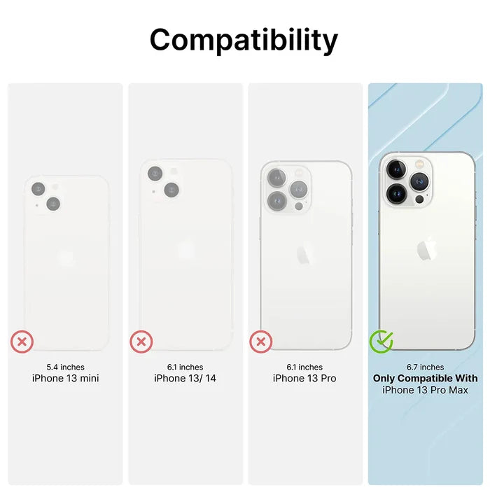 A compatibility chart shows iPhone 13 mini, 13/14, and 13 Pro are not compatible. Only the iPhone 13 Pro Max (6.7 in) is highlighted with a green check as compatible with the Catalyst Case US iPhone 13 Pro Max - Tempered Glass Screen Protector.