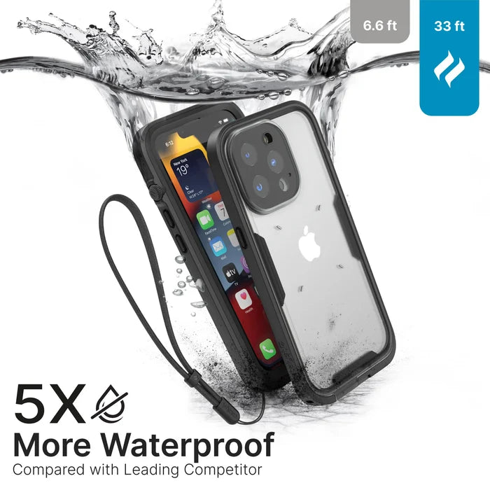 The Catalyst Case US iPhone 13 Pro Max – Waterproof Case, Total Protection is shown underwater in a clear case with black edges. Screen displays app icons. Text: "5X More Waterproof vs Leading Competitor." Water resistance: 33 ft vs 6.6 ft.