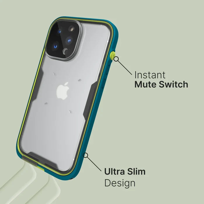A Catalyst Case US Waterproof Case for iPhone 13 Pro Max in clear blue with lime-green accents is displayed, featuring an “Instant Mute Switch” and “Ultra Slim Design.” The Apple logo is visible through the thin, protective case.