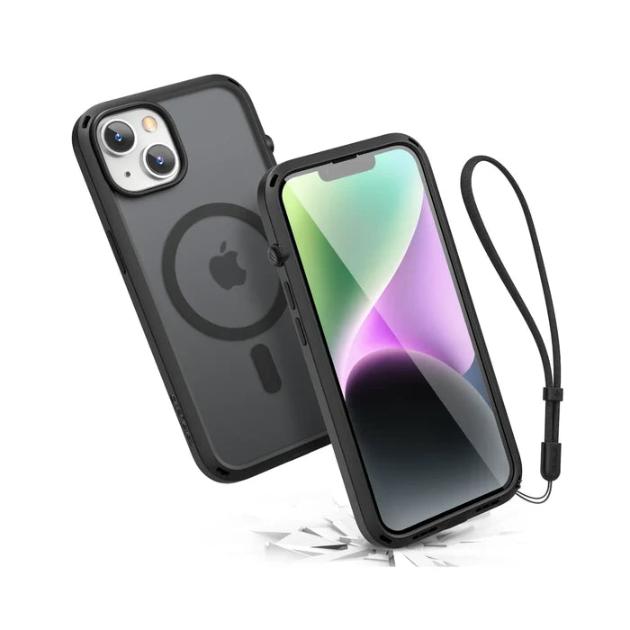 The Catalyst Case US iPhone 14 Influence Case in Stealth Black, MagSafe compatible, is shown with a clear back and wrist strapÃƒÂ¢Ã¢â€šÂ¬Ã¢â‚¬Âone phone faces forward with a vivid display; the other shows the case protecting against impact on a white surface.