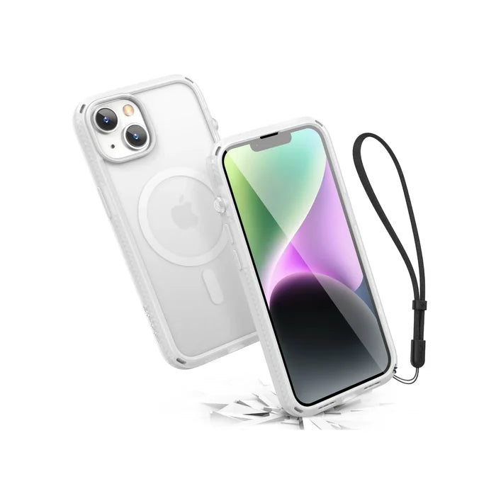 The Catalyst Case US iPhone 14 - Influence Case in Clear with MagSafe compatibility is shown on an iPhone with a green, purple, and black gradient display. A black wrist strap is attached as the phone appears to bounce off a cracked white surface.
