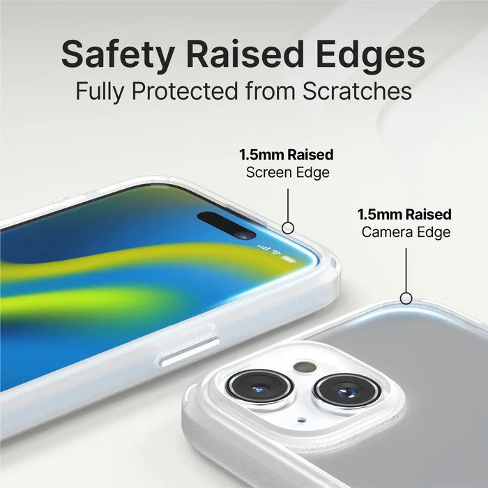 The Catalyst Case US iPhone 14 - Influence Case (MagSafe Compatible) is shown in clear, with labels highlighting its 1.5mm raised edges around the screen and camera for full scratch protection.