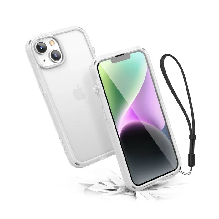 The Catalyst Case US Influence Case for iPhone 14 in Clear features a black wrist strap, MIL-STD 810G drop protection, a visible Apple logo, and supports wireless chargingÃƒÂ¢Ã¢â€šÂ¬Ã¢â‚¬Âprotecting your phone while keeping it stylish and functional.