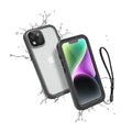 Two Catalyst Case US iPhone 14 Waterproof Cases in Stealth Black are shown with splashing water, showcasing their total protection and waterproof design. One case features a drop proof black wrist strap.