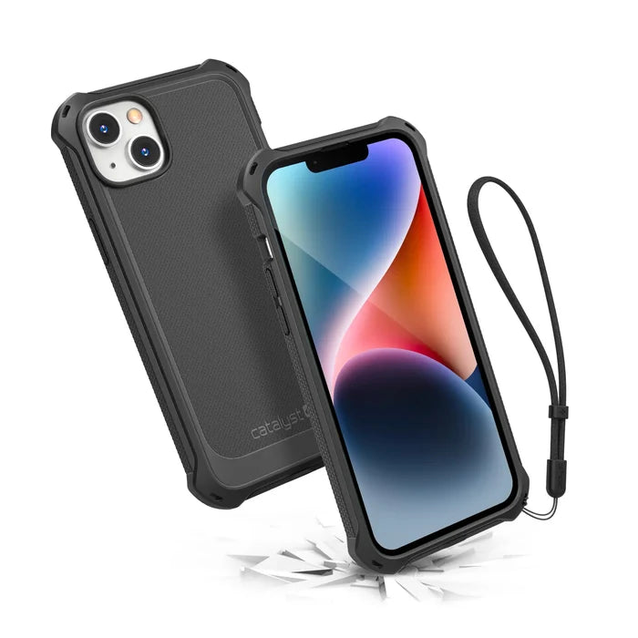 The Catalyst Case US Crux Case for iPhone 14 Plus in Stealth Black features textured sides, a secure wrist strap, wireless charging support, and is Drop Proof with MIL-STD 810G certificationÃƒÂ¢Ã¢â€šÂ¬Ã¢â‚¬Âshown on an iPhone with a vibrant abstract wallpaper.