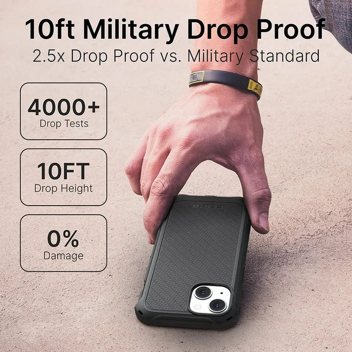 A hand holds the Catalyst Case US Crux Case for iPhone 14 Plus on concrete. Text: "MIL-STD 810G Drop Proof, 2.5x vs Military Standard, 4000+ Drop Tests." The scene showcases its superior durability and MagSafe compatibility.