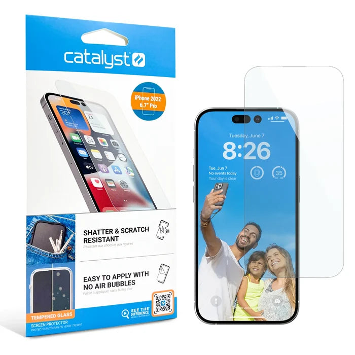 The Catalyst Case US iPhone 14 Plus Tempered Glass Screen Protector is shown next to its box, which highlights shatter and scratch resistance, and easy bubble-free application so your family selfie stays flawless on the lock screen.