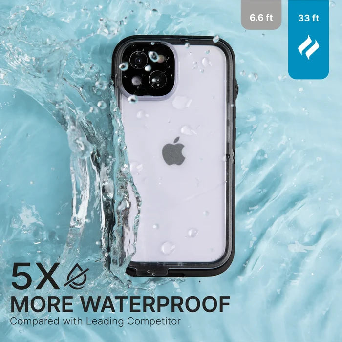 An iPhone 14 Plus in a Catalyst Case US black rugged waterproof case is underwater with splashes. Text: "5X More Waterproof vs. Leading Competitor," with labels: Water Resistant to 33 ft, Drop Proof to 6.6 ft.