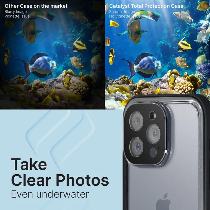 Side-by-side underwater photos: left, "Other Case on the market," is blurry; right, "Catalyst Case US iPhone 14 Plus - Waterproof Case, Total Protection," is sharp and vivid. Below, an iPhone in a Catalyst case with text: "Capture Clear Photos Underwater.