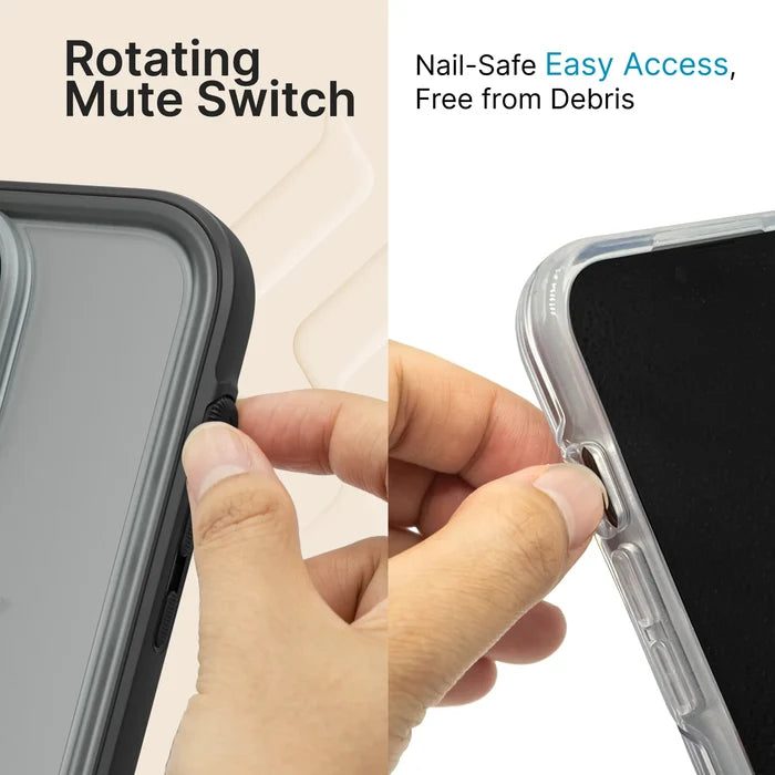 Split image: Left—hand turns black rotating mute switch on Catalyst Case US iPhone 14 Plus Waterproof Case, showing "Rotating Mute Switch." Right—hand uses metal switch on clear case, labeled "Nail-Safe Easy Access, Free from Debris.