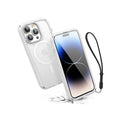 The Catalyst Case US iPhone 14 Pro - Influence Case, MagSafe Compatible, with a clear design, visible MagSafe ring, reinforced edges, and a detachable black wrist strap, is shown beside a smartphone on a white background.