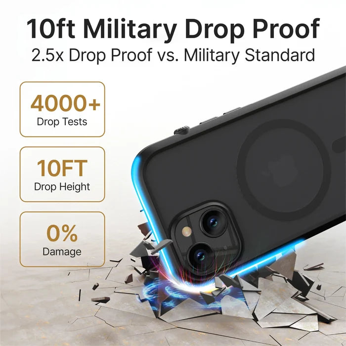 An iPhone 14 Pro in a black Catalyst Case US Influence Case (MagSafe Compatible) drops onto a cracked floorÃƒÂ¢Ã¢â€šÂ¬Ã¢â‚¬Âno damage. Text: "10FT Military Drop Proof, 2.5x Stronger than Standard," highlights: "4000+ Tests," "10FT Drops," "0% Damage.