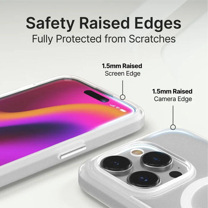 Two iPhone 14 Pro smartphones in Catalyst Case US Influence Cases (MagSafe compatible) are shown from various angles on a light background. The clear cases feature raised edges for scratch protection.