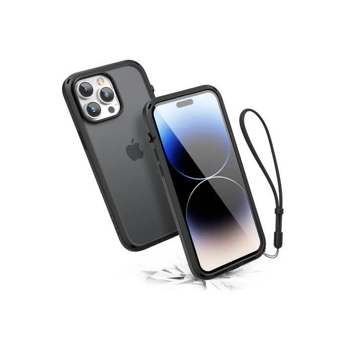 The Catalyst Case US iPhone 14 Pro Influence Case is shown front and back in black with a triple camera lens, black lanyard, subtle crack pattern, drop-proof protection, durability, and wireless charging support.