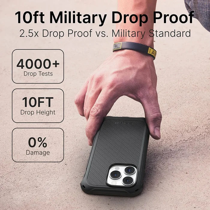 A hand holds an iPhone 14 Pro Max in a rugged black Catalyst Case US Crux Case (MagSafe compatible) on concrete. Text: ÃƒÂ¢Ã¢â€šÂ¬Ã…â€œ10ft MIL-STD 810G Drop Proof, 2.5x Military Standard, 4000+ Drops, Wireless Charging Compatible.ÃƒÂ¢Ã¢â€šÂ¬Ã‚Â.