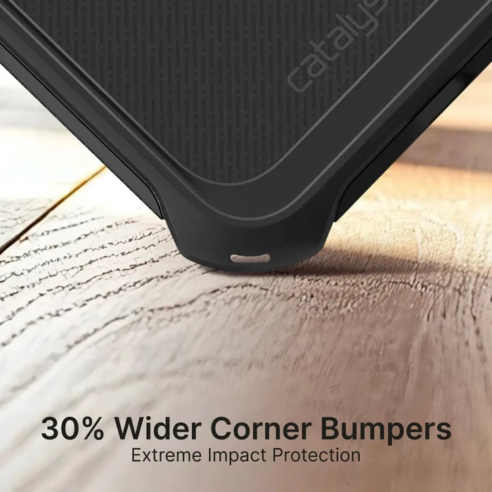 Close-up of Catalyst Case US iPhone 14 Plus - Crux Case, MagSafe Compatible, featuring a black textured finish and 30% wider corner bumpers for MIL-STD 810G drop-proof extreme impact protection.