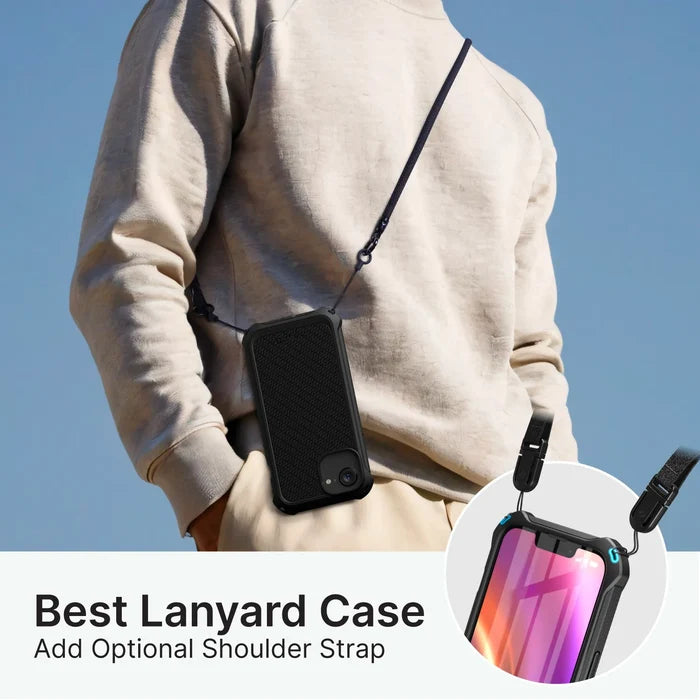 A person in a beige hoodie and sweatpants carries an iPhone 14 Pro Max in the Catalyst Case US Crux Case, MagSafe compatible, with a black lanyard around their neck. An inset shows the case with an optional shoulder strap. Text: ÃƒÂ¢Ã¢â€šÂ¬Ã…â€œBest Lanyard Case. Add Shoulder Strap.ÃƒÂ¢Ã¢â€šÂ¬Ã‚Â.
