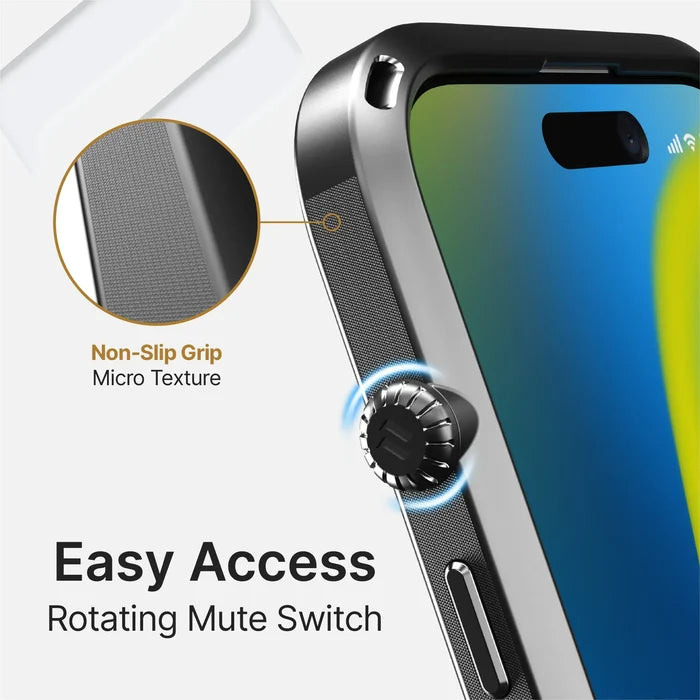 Close-up of the Catalyst Case US iPhone 14 Pro Max Influence Case (MagSafe Compatible) in metallic finish, featuring an easy-access rotating mute switch, non-slip micro texture grip, screen view, and detailed grip inset with highlighted text.