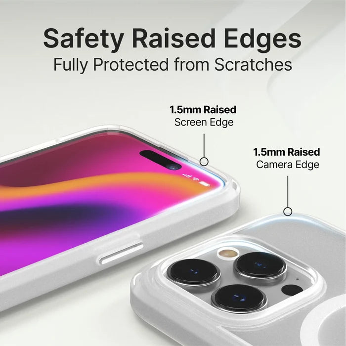 A close-up of the Catalyst Case US iPhone 14 Pro Max - Influence Case (MagSafe Compatible) shows 1.5mm raised screen and camera edges. “Safety Raised Edges Fully Protected from Scratches” appears above to highlight protection.