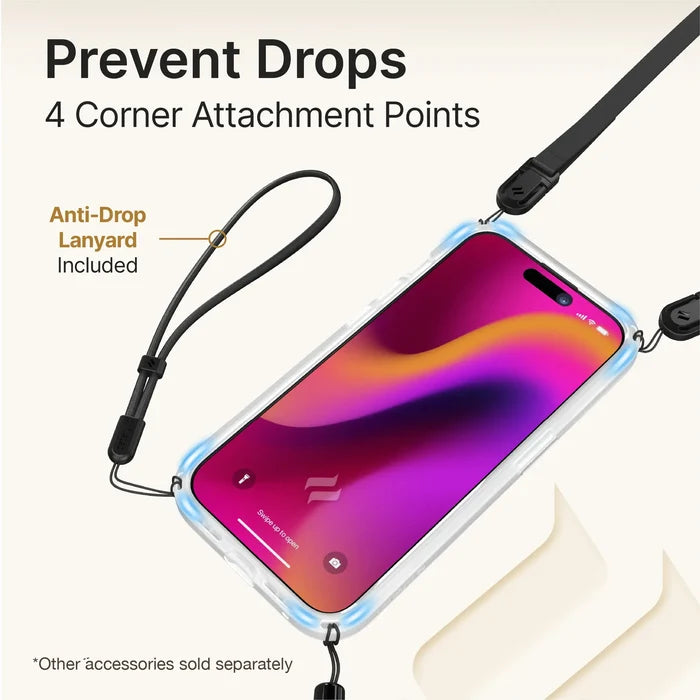 The Catalyst Case US iPhone 14 Pro Max - Influence Case (MagSafe Compatible) is shown in clear, with four black corner attachments and an anti-drop lanyard. The screen displays a vibrant abstract wallpaper. Text: “Prevent Drops, Anti-Drop Lanyard Included.”.