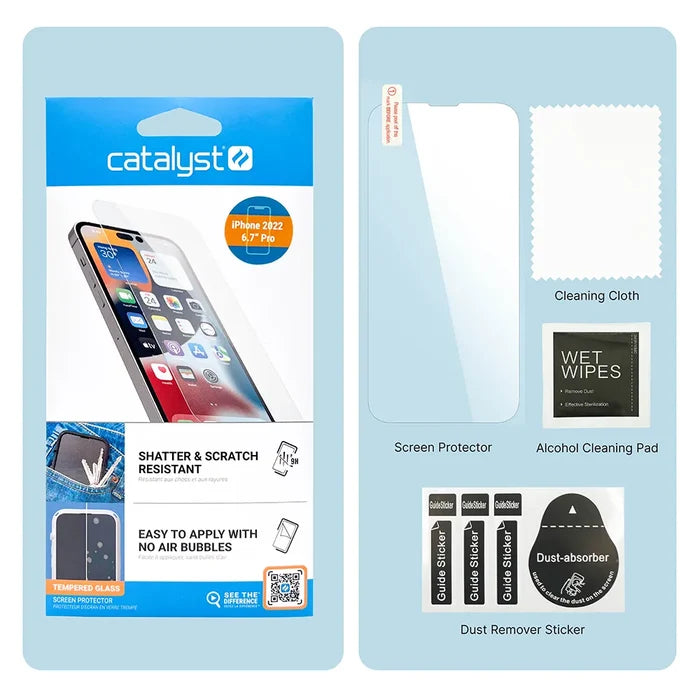 The image shows the Catalyst Case US iPhone 14 Pro Max Tempered Glass Screen Protector kit, including the screen protector, cleaning cloth, alcohol wipe, dust remover sticker, and guide stickers on a light background.