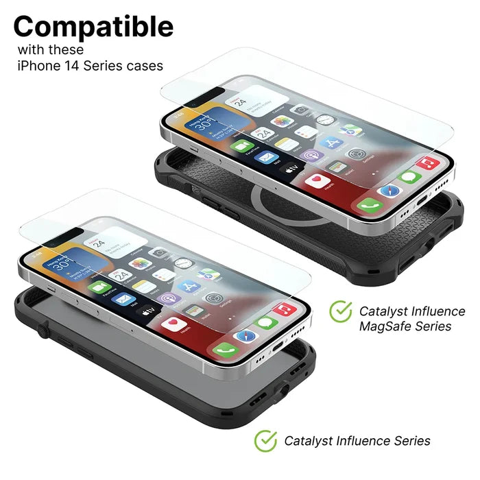 Two iPhones in Catalyst Influence cases, each with a Catalyst Case US iPhone 14 Pro Max Tempered Glass Screen Protector, are shown angled with home screens on. Green check marks highlight compatibility with the iPhone 14 Series.