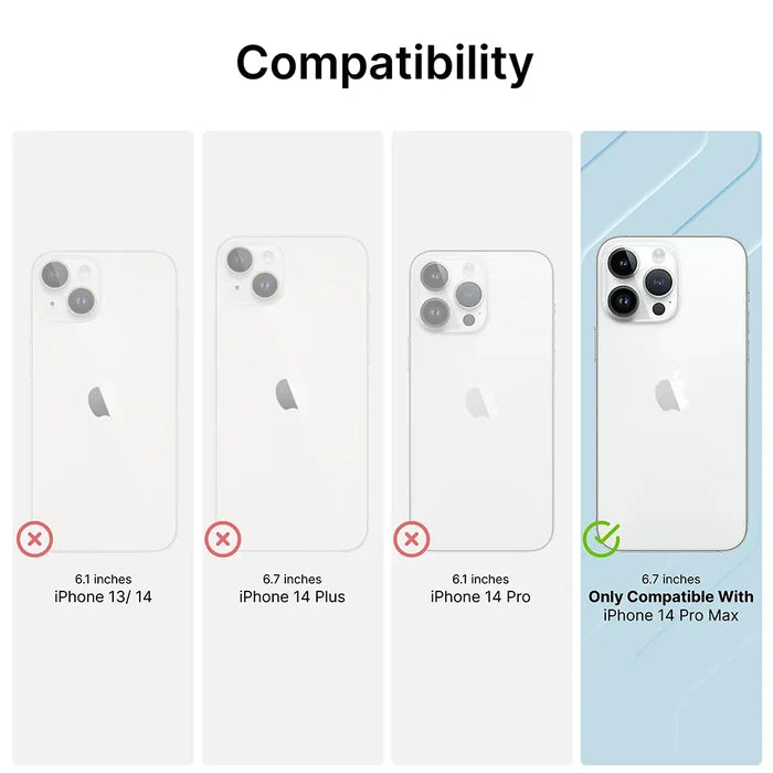 Under "Compatibility," only the iPhone 14 Pro Max (6.7") is highlighted in blue, showing that the Catalyst Case US Tempered Glass Screen Protector fits this model; other iPhones are grayed out with red Xs.