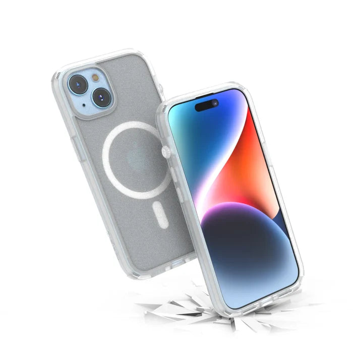Two iPhone 15 devices in Catalyst Case US Influence Cases (MagSafe Compatible) are displayedÃƒÂ¢Ã¢â€šÂ¬Ã¢â‚¬Âone highlights MagSafe charging, while both bounce above a cracked white surface, showcasing the casesÃƒÂ¢Ã¢â€šÂ¬Ã¢â€žÂ¢ drop-proof durability.